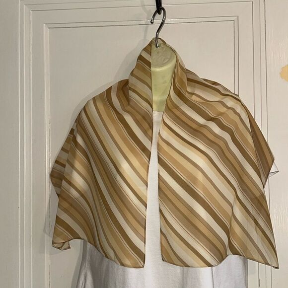 Vintage semi sheer polyester cream, tan & brown diagonally striped long scarf - Picture 2 of 4